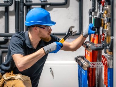 The technician checking the heating system in the boiler room. Adjusting heating valves in a residential building. A plumbing and heating technician works.