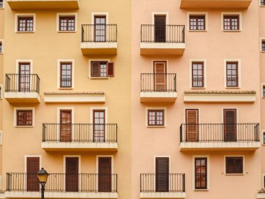 Valencia, Spain - September 30, 2018: Venetian style buildings in the residential port of Port SaPlaya.