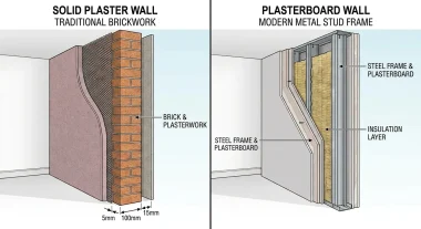 wet plaster wall vs gyprock plasterboard cross section