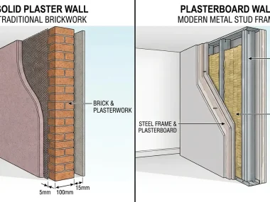 wet plaster wall vs gyprock plasterboard cross section